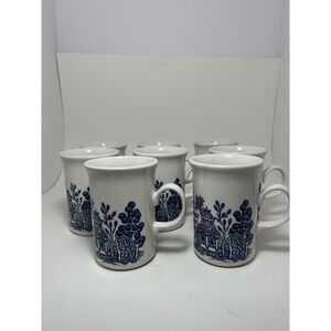 Blue Willow Coffee Mugs Set of 8 White Cobalt Blue Chinoiserie Pagoda Ceramic